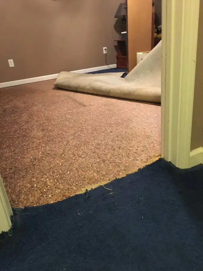 Carpet pad removal revealing water damage during Drying & Dehumidification in West Little River